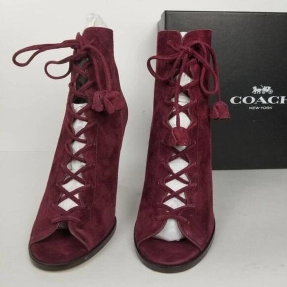 COACH Lena Lux suede lace up heels burgundy size 9
